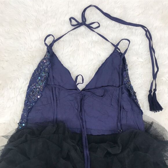 FREE PEOPLE Tulle Flutter Mini Dress Beaded Backless Navy Black Size Large New - Picture 10 of 14